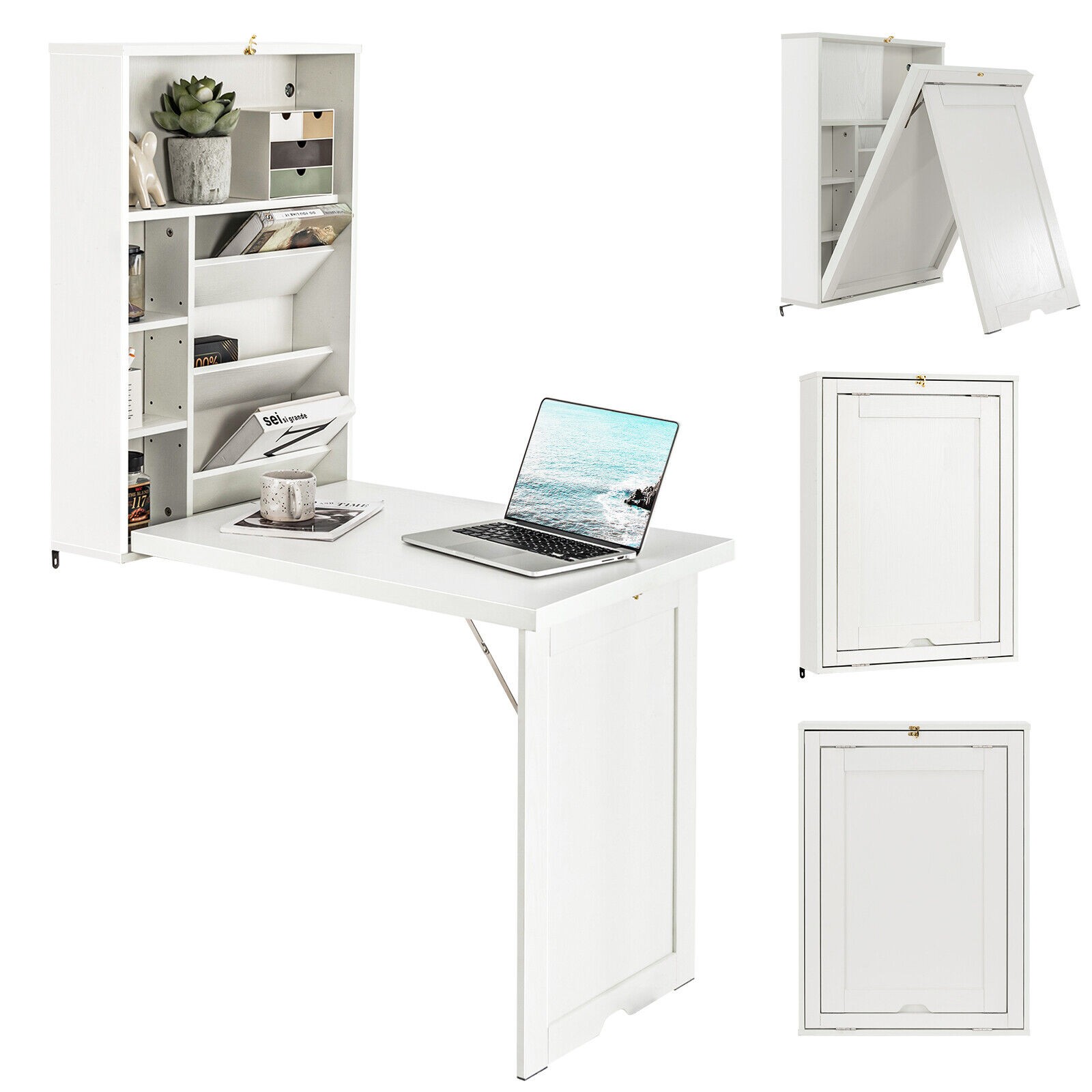 Wall Mounted Computer Convertible Desk Floating Desk w/ Storage Bookcases White gallery