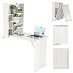 Wall Mounted Computer Convertible Desk Floating Desk w/ Storage Bookcases White