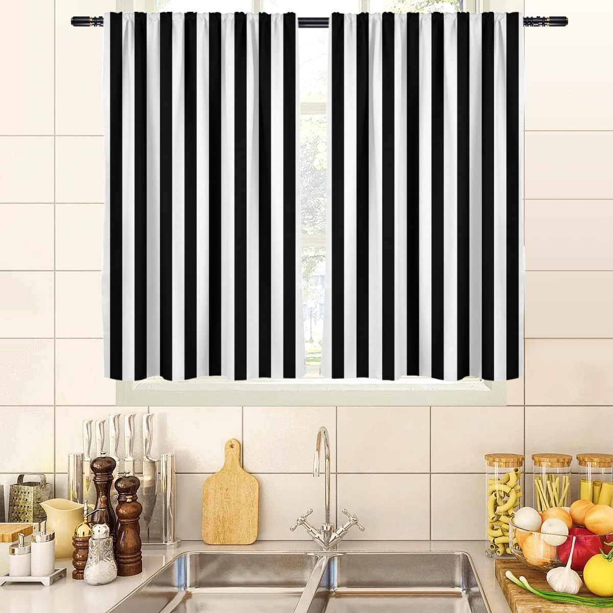 Black and White Striped Kitchen Curtains, 36 Inch Length Small Short Tier Curtai gallery