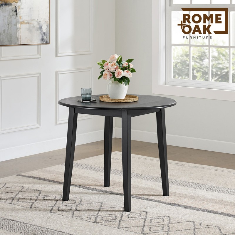 ROME + OAK Hinged Drop Leaf Dining Table, 22 to 36 Inch Round Tabletop, Black gallery
