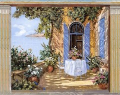 ceramic tile mural backsplash. romantic Oceanside cafe in Tuscany Italy garden.