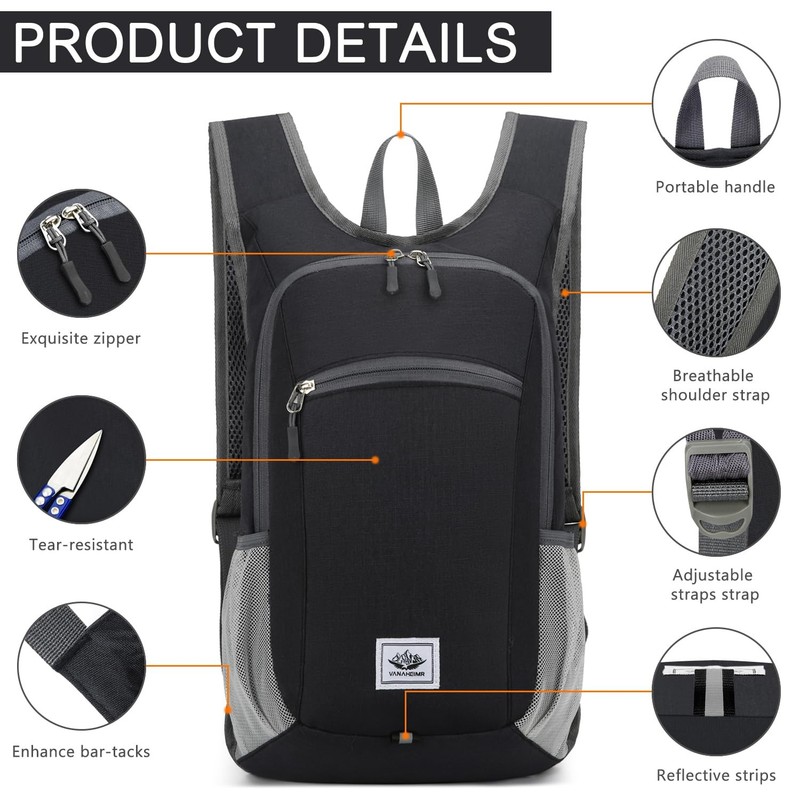 15L Black Lightweight Hiking Backpack Foldable Small Travel Packable Camping 4