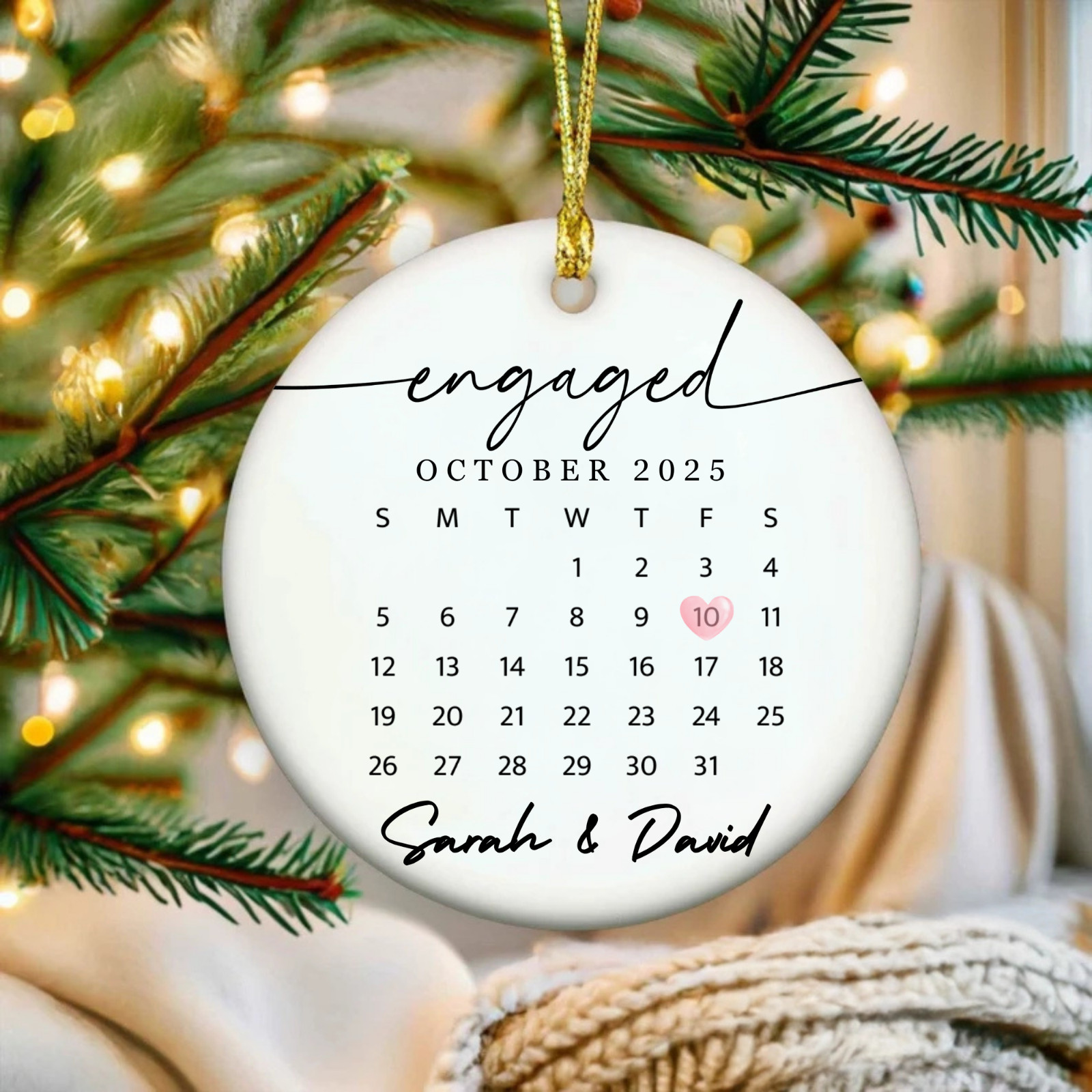 Minimalist Engagement Gift Ornament, Heart Calendar, Custom Couple Special Day gallery