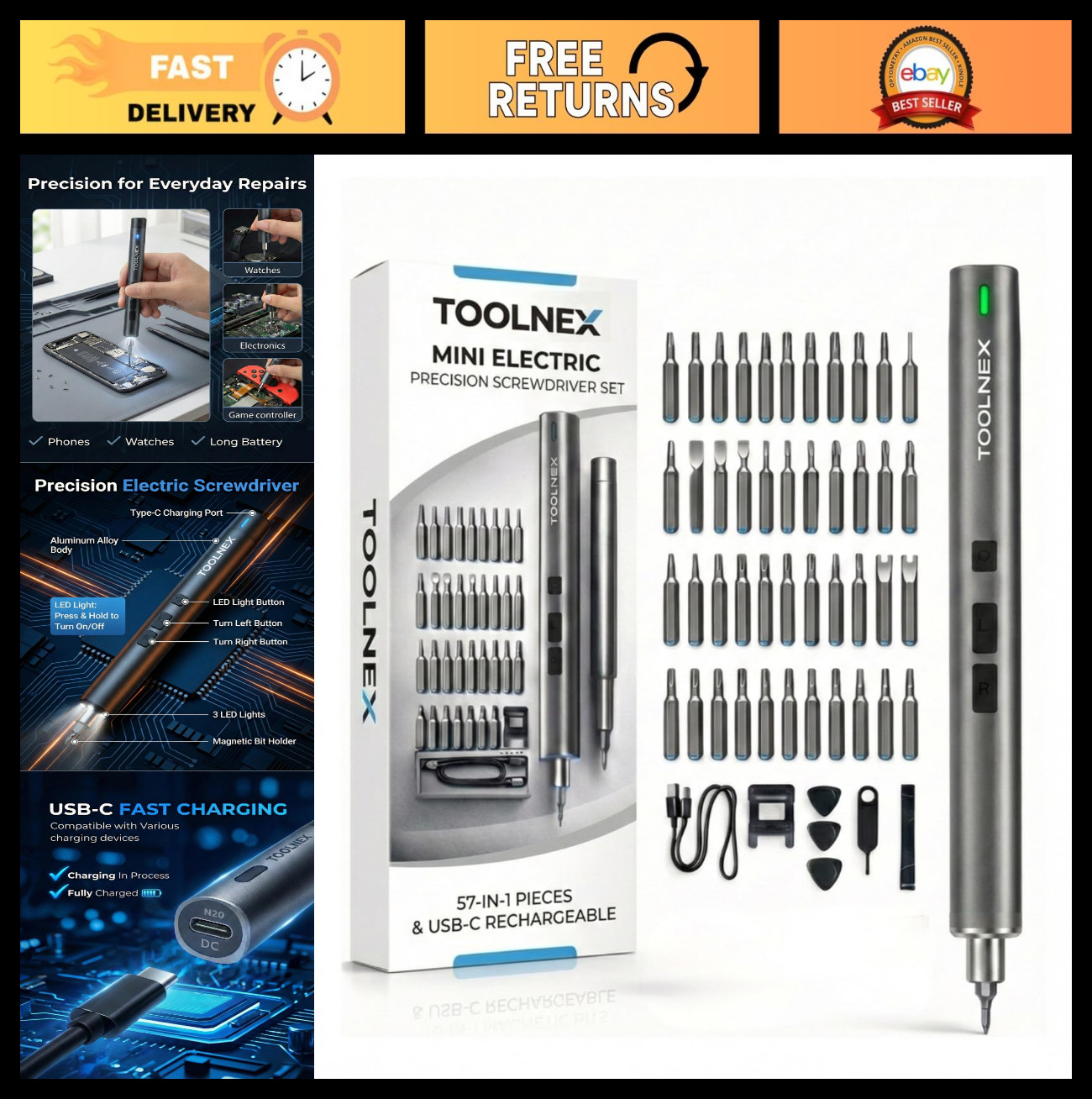 57-in-1 Mini Electric Screwdriver Set - Cordless Rechargeable with LED & 48 Bits gallery