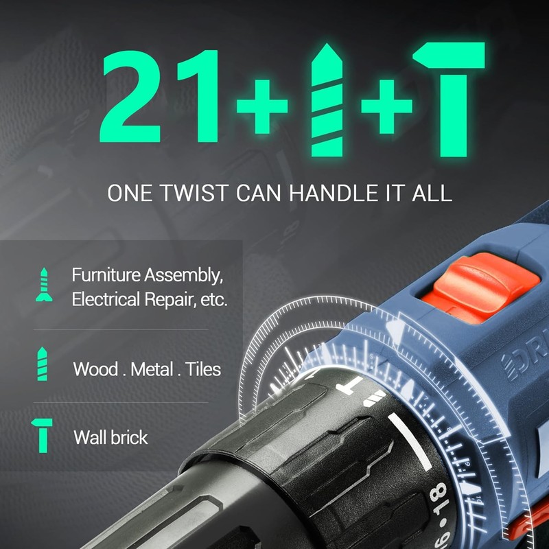 Cordless Drill Set,Electric Power Drill with 2 Battery,60N.m,21+1 Torque,2 Varia gallery