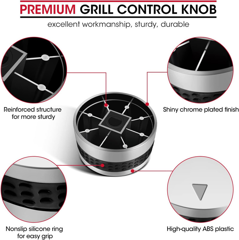 Grill Control Knob 4 Pack, Gas Burner Replacement, Chrome Plated Plastic with No gallery