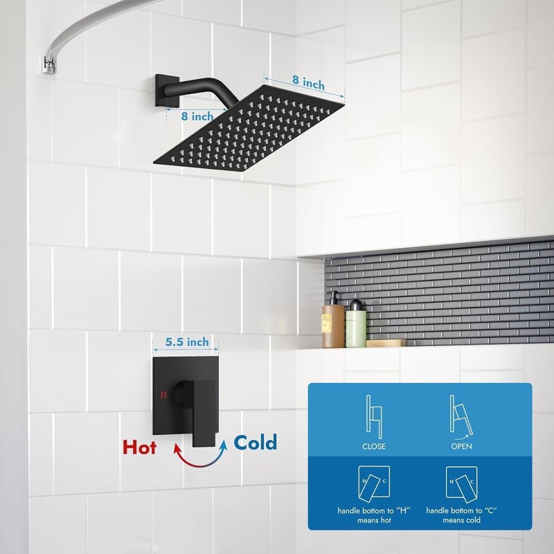 8" Rainfall Shower Head Combo System with Mixer Valve Kit Shower Faucet Black gallery