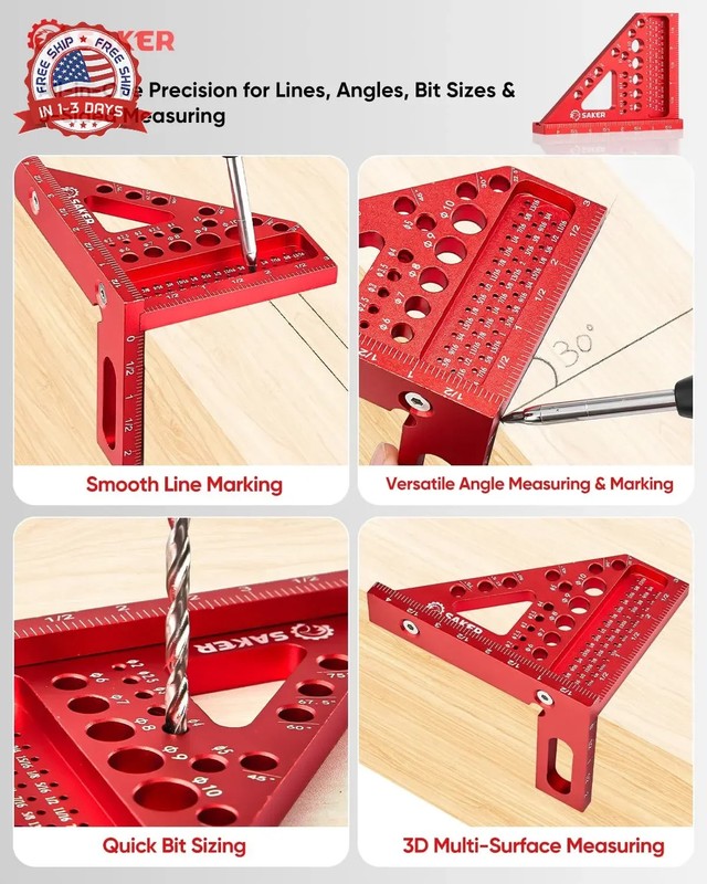 Saker 3D Multi-Angle Measuring Square Ruler, Aluminum Alloy Carpenter Square, 0- gallery