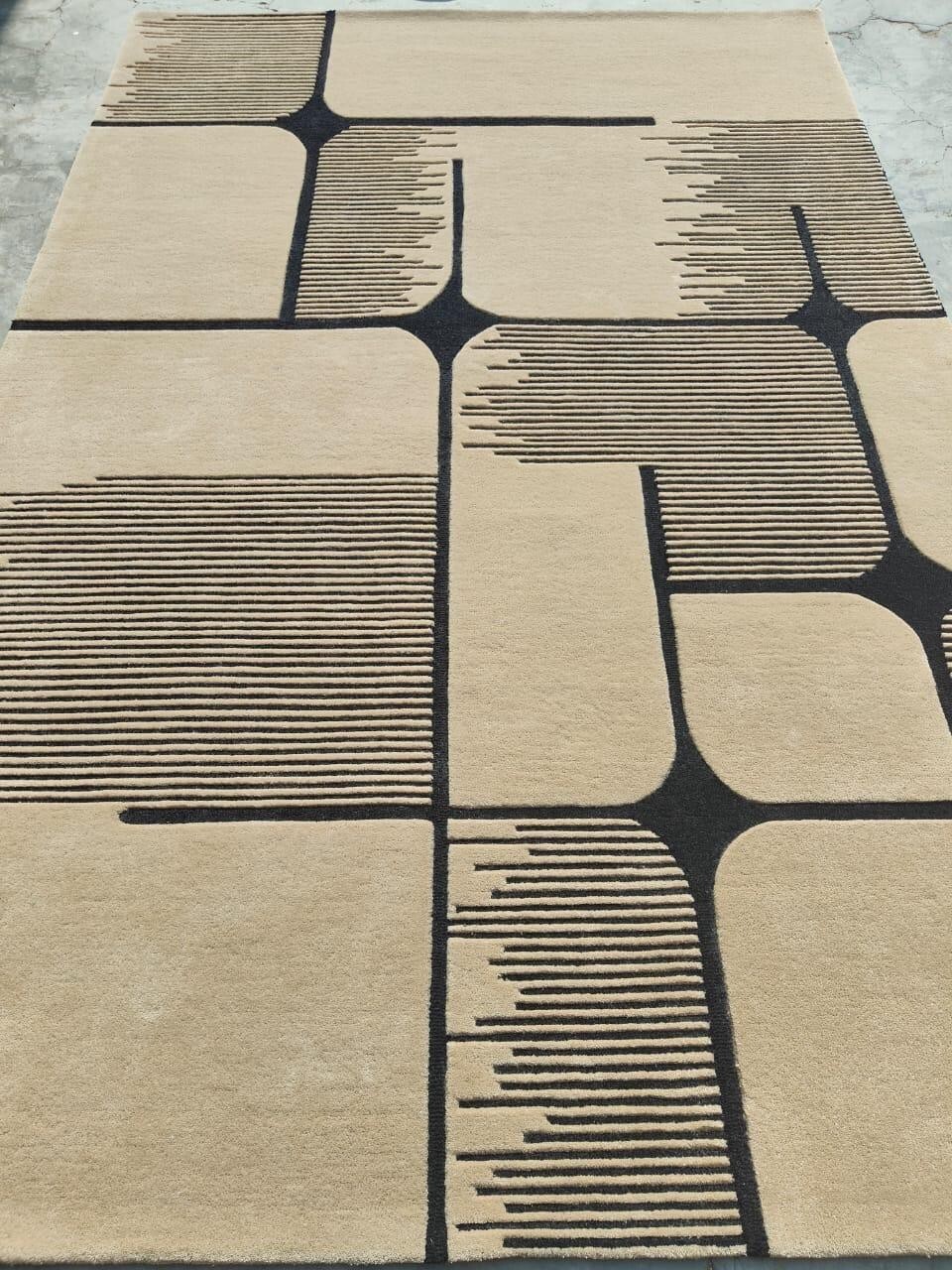 High Low Pile Handmade Tufted Black And Beige Wool Area Rug (READY TO SHIP) gallery