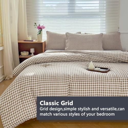King Size Comforter Set - Tan Gingham Bedding, Brown Grid Design, 3 Pieces (1 Co gallery