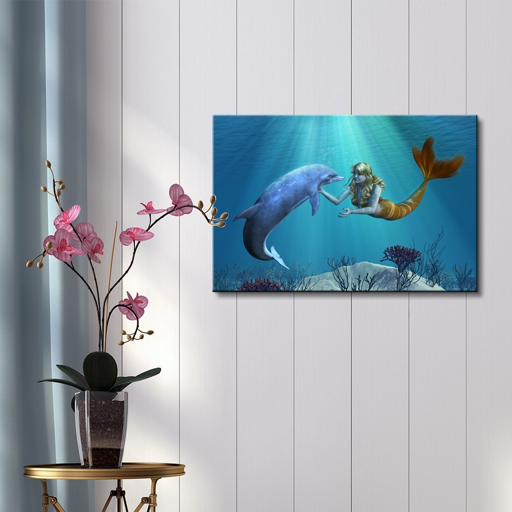 wall26 -Canvas Prints - A Friendly Dolphin Greets a Mermaid Undersea - 16" x 24" gallery