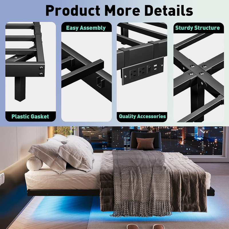 Modern King Size Floating Bed Frame with LED Lights & Charging Station gallery