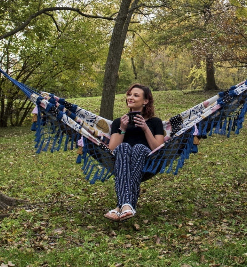 Equip Jacquard Bohemian Macrame Hammock, Blue Patchwork Print, Size 126in Lx59W gallery