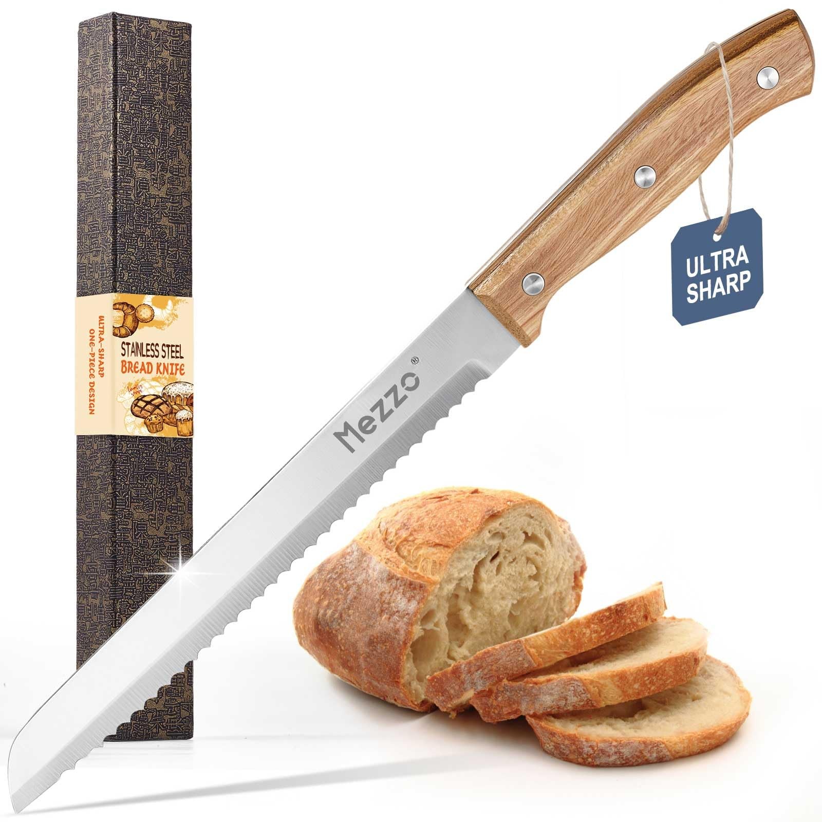 Mezzo Serrated Bread Knife for Homemade Bread, High Carbon Steel 8", Acacia gallery