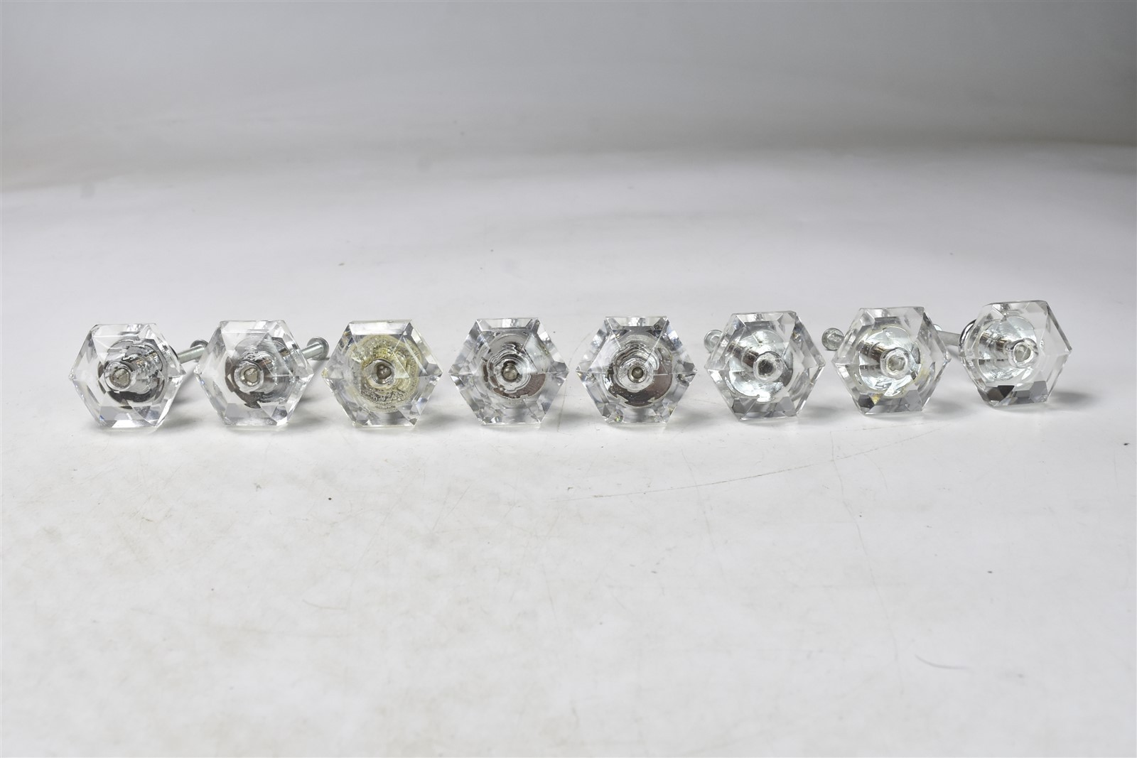 SET 8 GLASS DRAWER PULL KNOBS HARDWARE SILVER TONE BACKING with SCREWS #09211 gallery