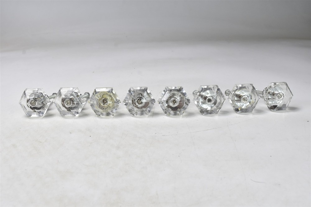SET 8 GLASS DRAWER PULL KNOBS HARDWARE SILVER TONE BACKING with SCREWS #09211