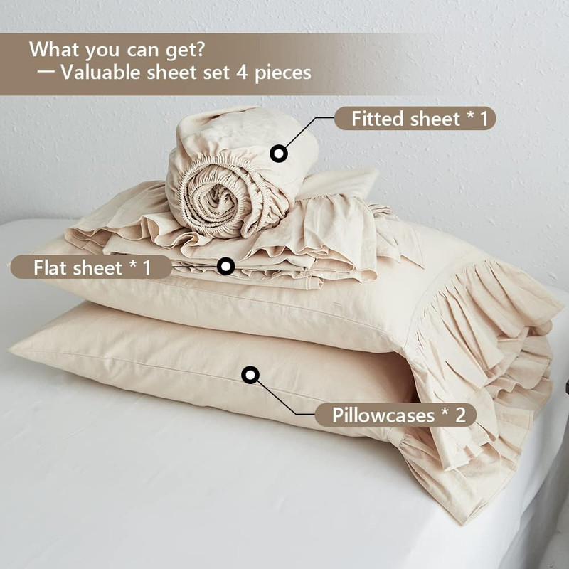 Vintage Chic Belgian Linen Sheet Set with Ruffles - Queen Size 4Pcs gallery