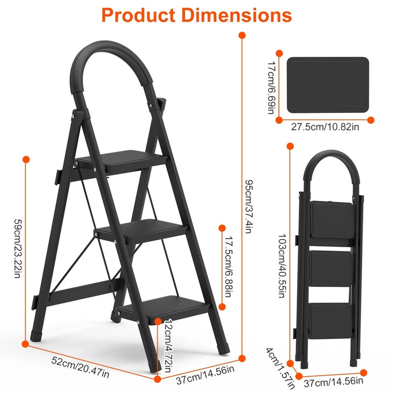 3-Step Folding Ladder, 330lbs Load Capacity, Lightweight 6.94lbs With 1.57in Fol gallery