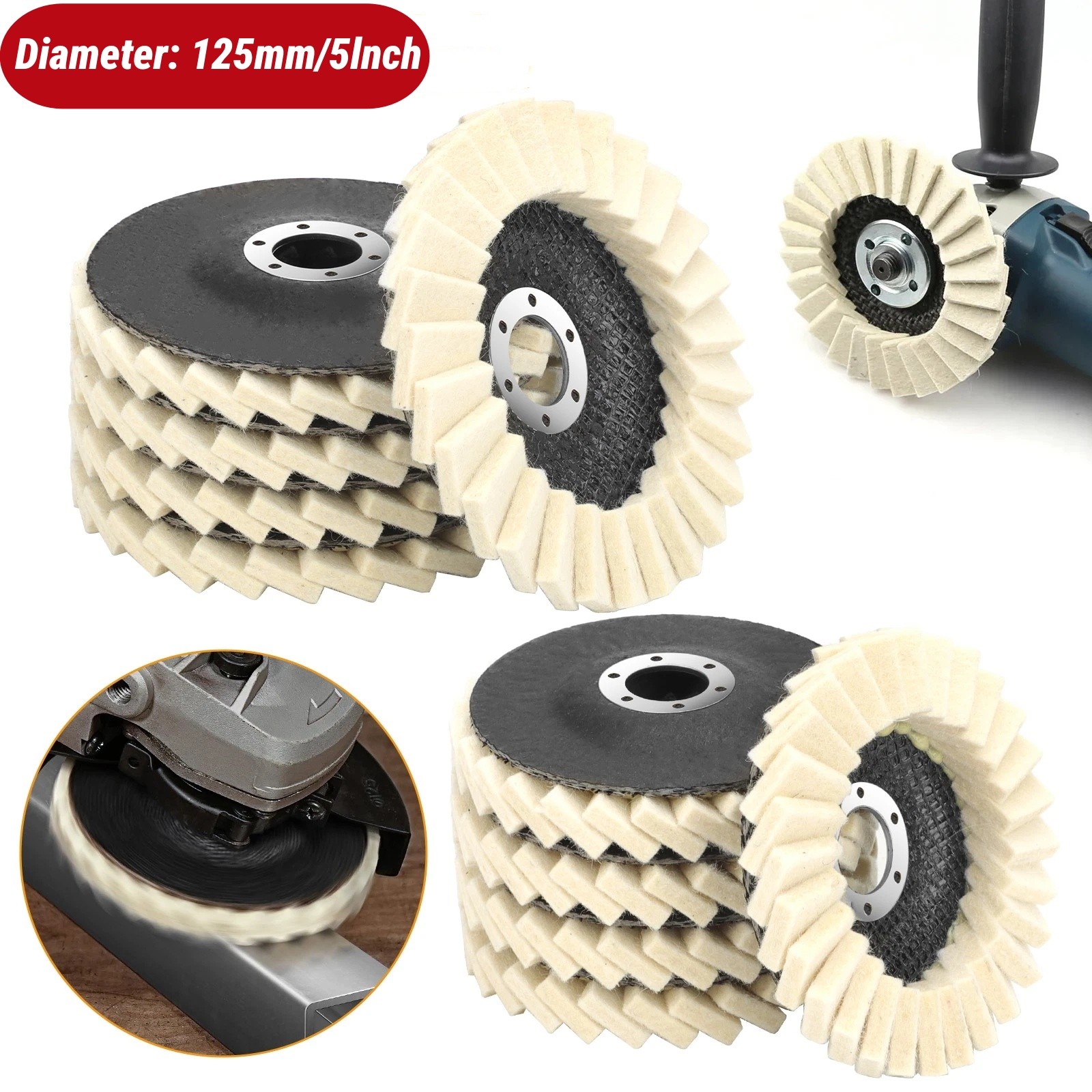 5pcs 5" Felt Flap Disc Wool Polishing Buffing Wheel Pad for Metal Stone Wood gallery