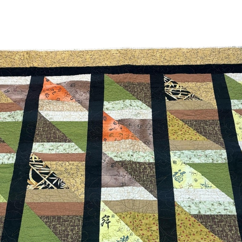 Handmade Patchwork Quilt Throw Asian Geometric Triangles Sashing Signed 2012 gallery