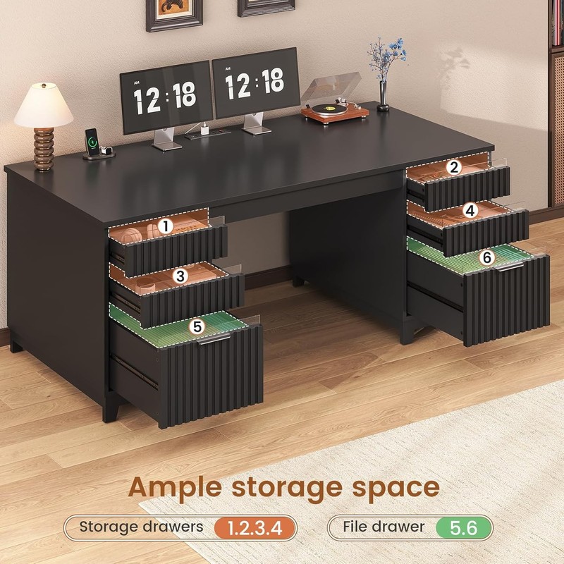 55.1" Fluted Computer Desk with 6 Drawers Modern Executive Desk for Home Office gallery
