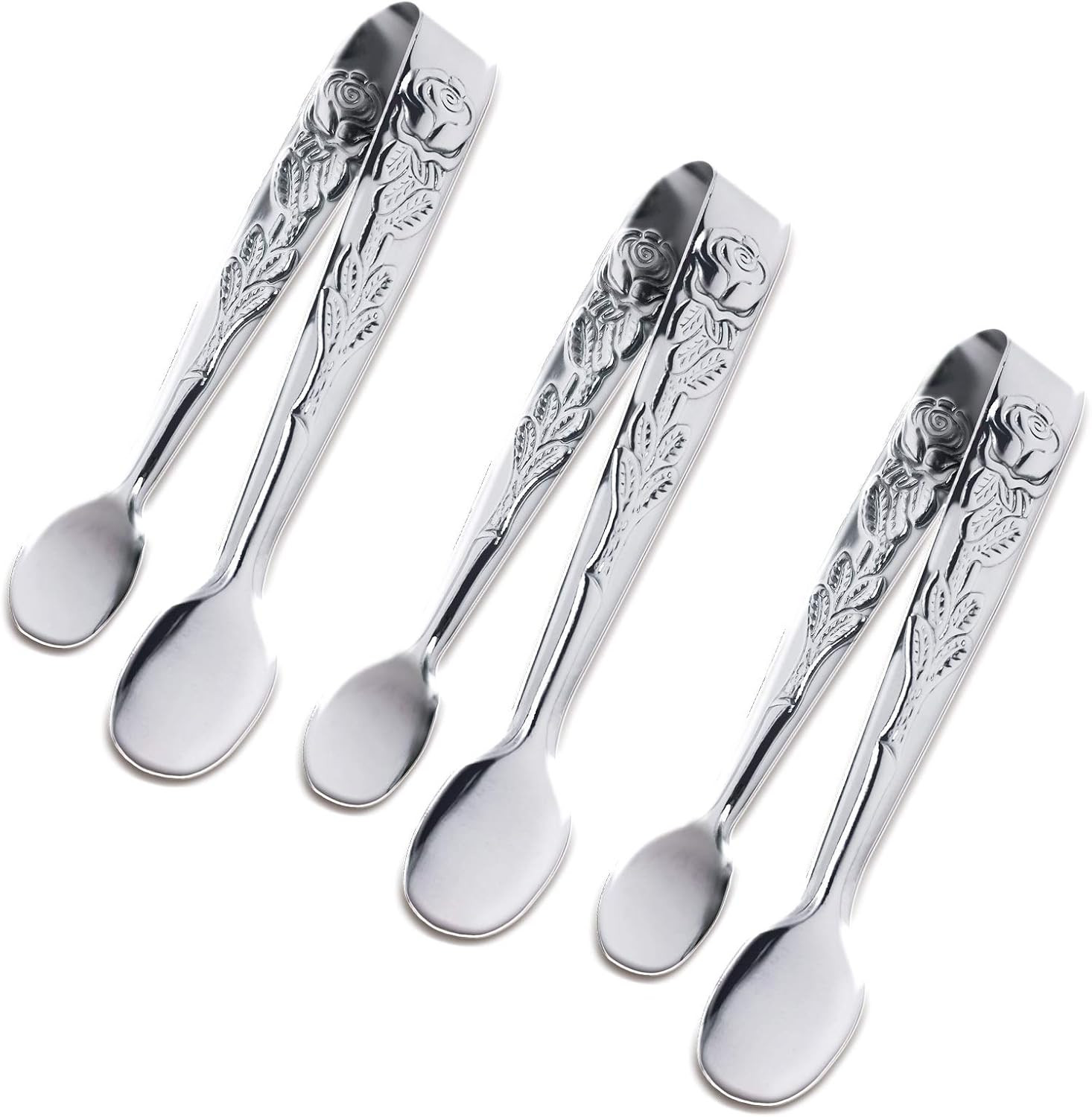 3PCS Mini Serving Tongs, 4Inch Rose Stainless Steel Sugar Cube Tongs, Sliver Sma gallery