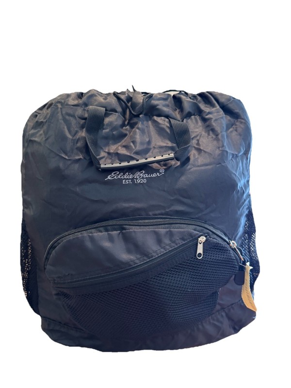 Vintage Eddie Bauer Trek Pack Hiking Backpack Black, Drawstring, Mesh Pockets 5