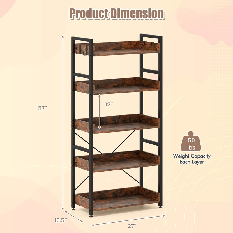2PCS 5-Tier Storage Rack w/ 4 Hooks Open Display Shelves Metal Frame Display gallery