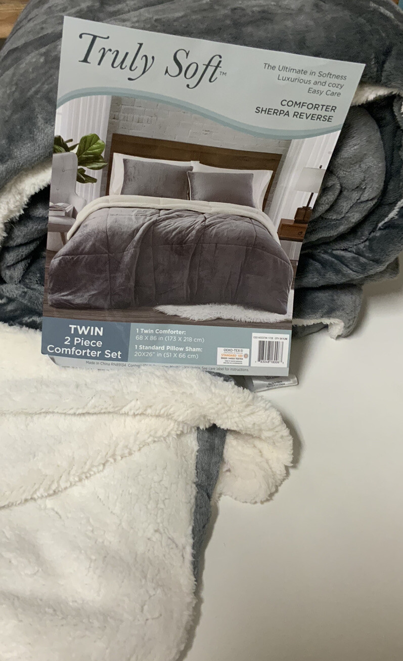 🔰 Truly Soft Comforter Set, 2pc, Sherpa Reverse Twin Size, Dark Gray 🆕 gallery