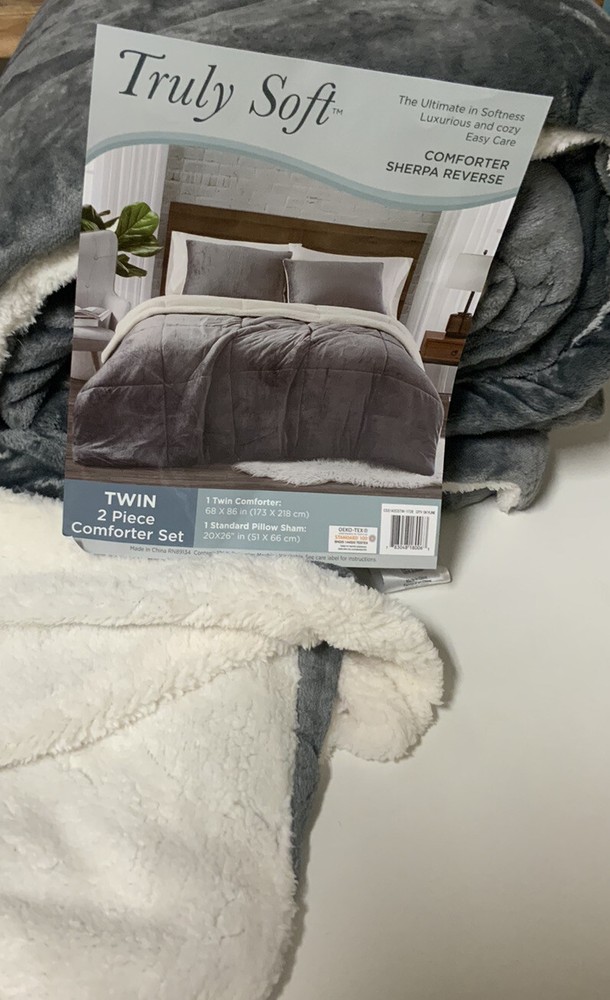 🔰 Truly Soft Comforter Set, 2pc, Sherpa Reverse Twin Size, Dark Gray 🆕