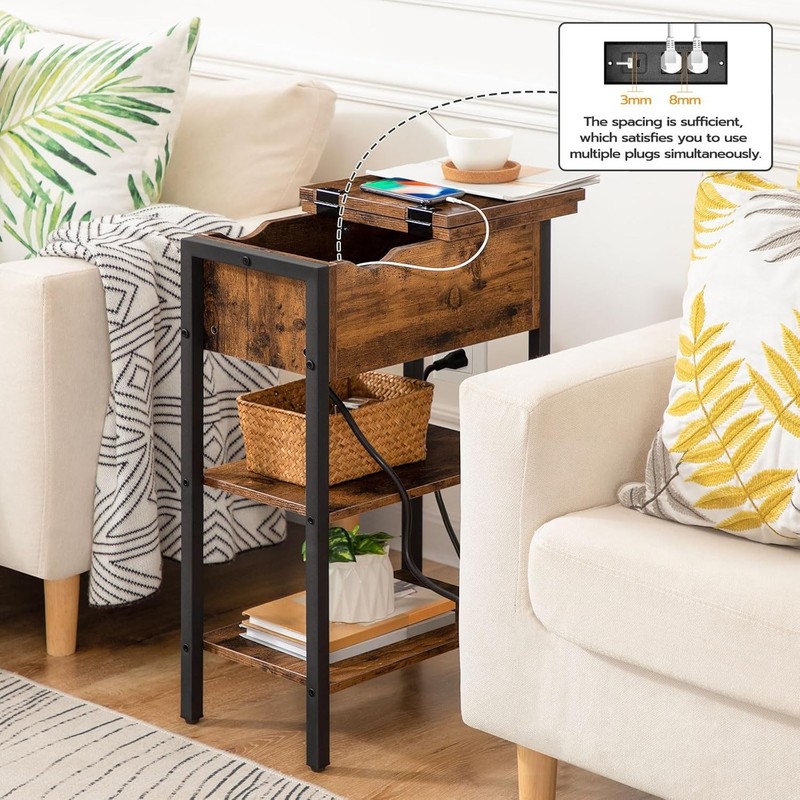 Functional Rustic End Table with Charging Station and Easy Assembly Instructions gallery