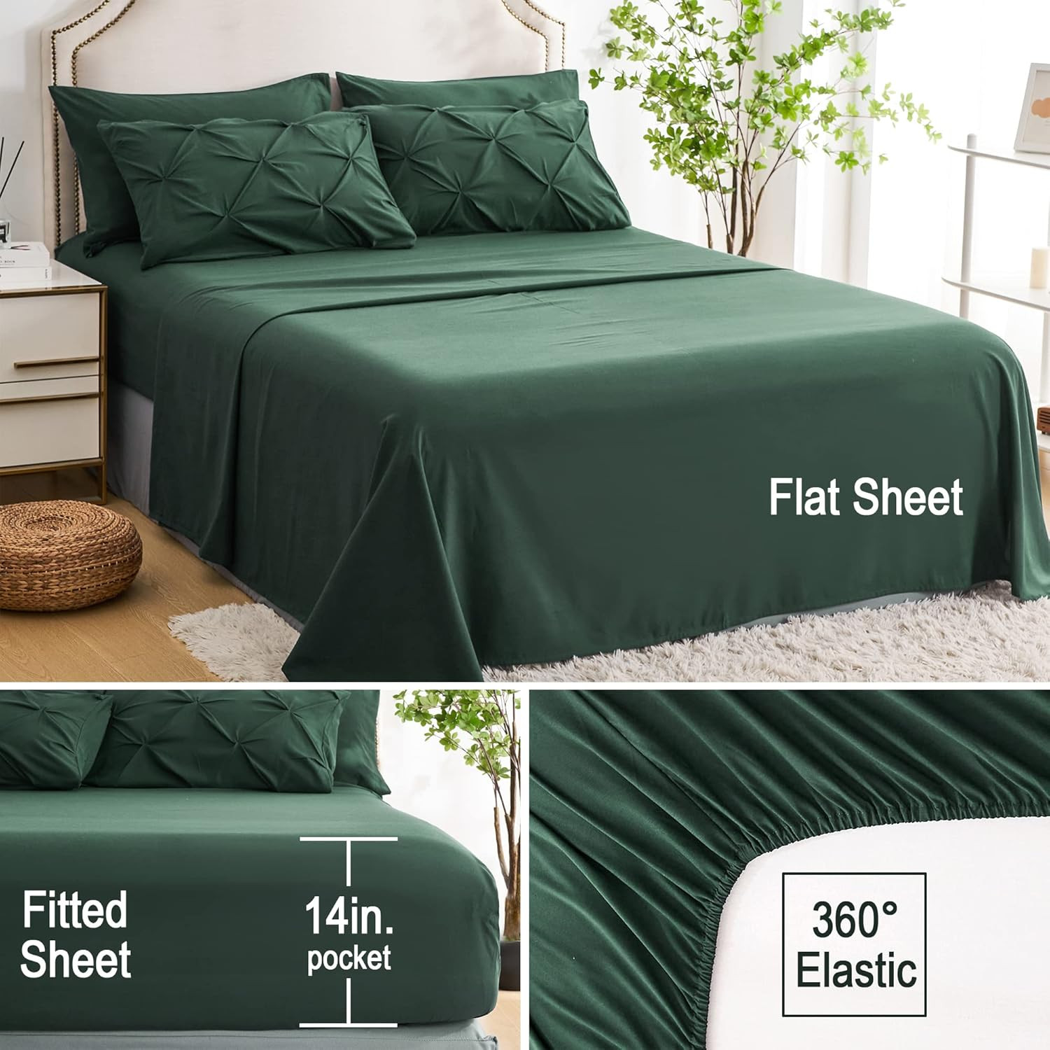 7Pc Dark Green Comforter Set Queen Size, Hunter Green Pintuck Bed in a Bag 7 Pie gallery