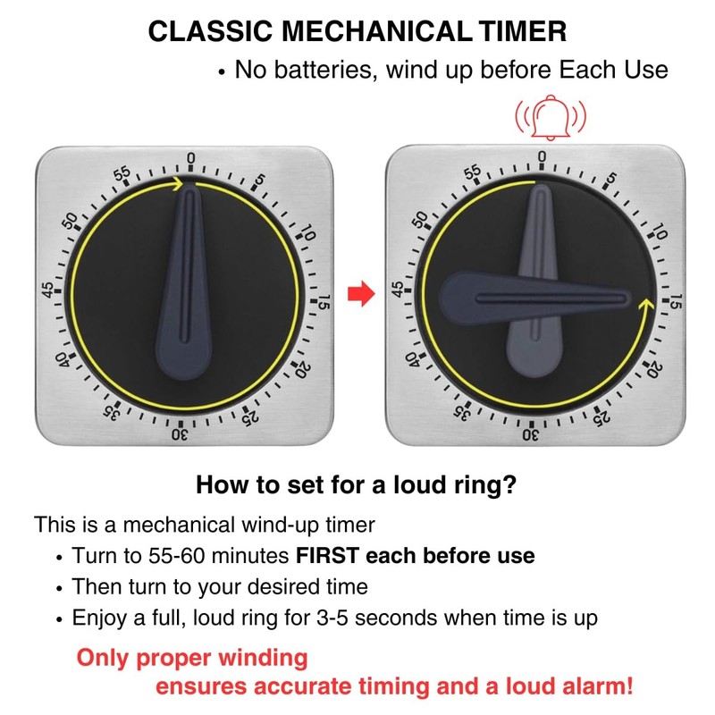 Mechanical Kitchen Timer Magnetic with Loud Alarm 60 Minute Manual Wind Up gallery