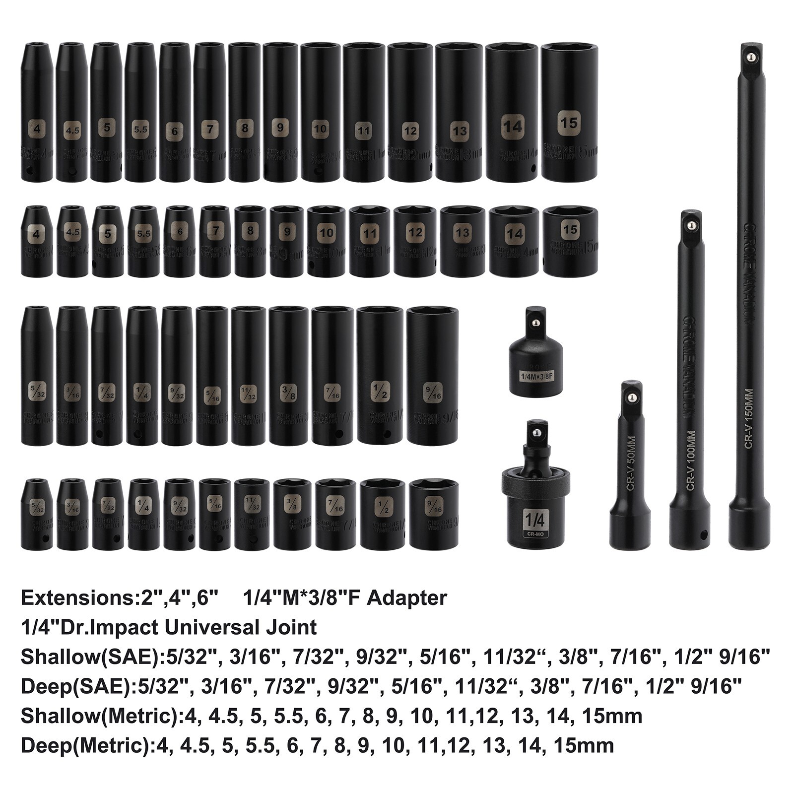 1/4" Drive Impact Socket Set, 55 Pieces Metric & SAE Sockets , Shallow & Deep gallery