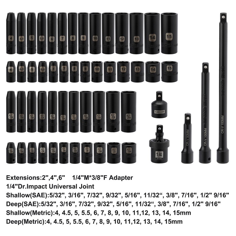 1/4" Drive Impact Socket Set, 55 Pieces Metric & SAE Sockets , Shallow & Deep gallery