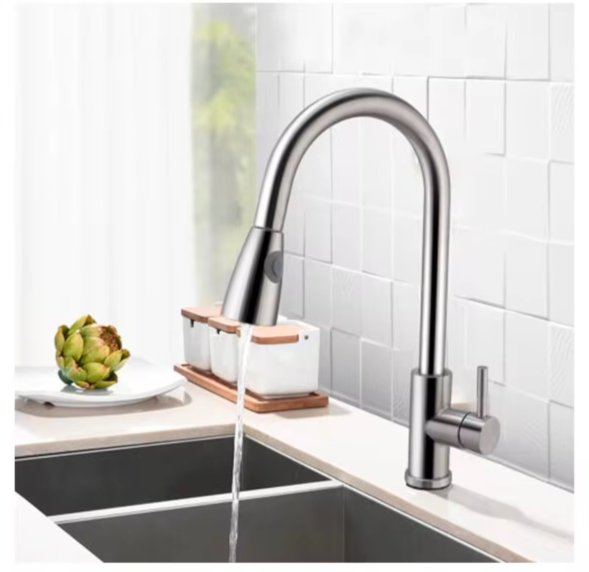 Stainless Steel modern Kitchen Faucet pull down sprayer Fancy hot cold - Silver gallery