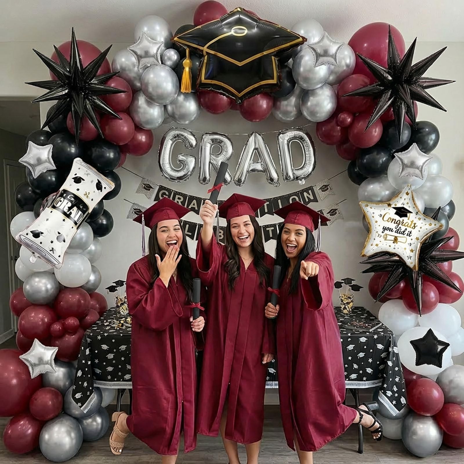 Maroon Black Silver Graduation Balloon Garland Arch Kit with Graduation Star ... gallery