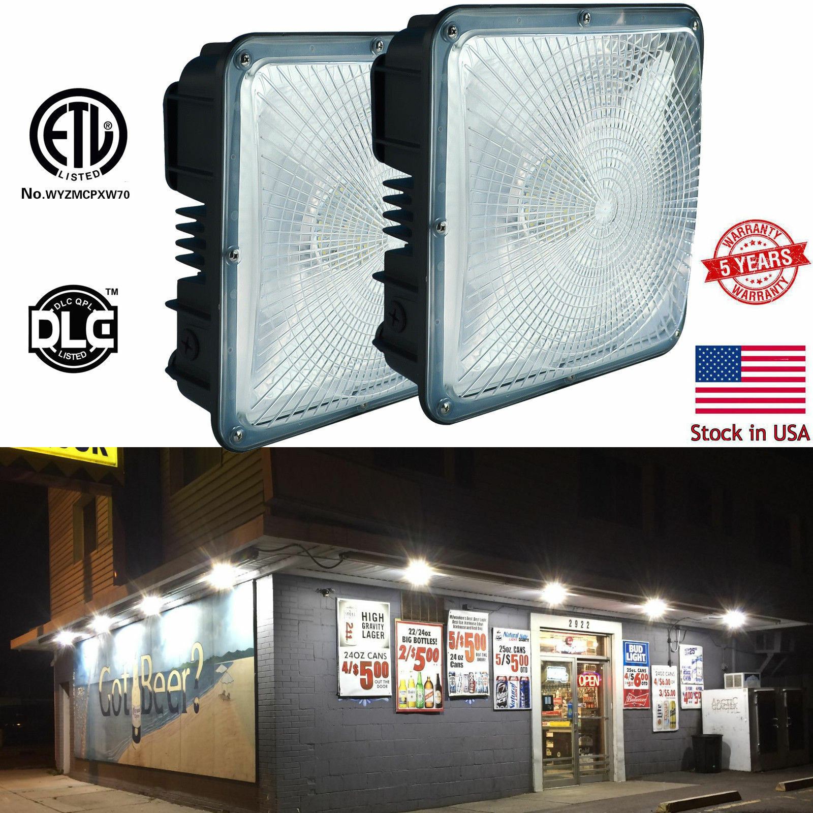 LED 70W Canopy Outdoor Garage Ceiling Light 5500K Gas Station 5400 lumen 2-Pack gallery