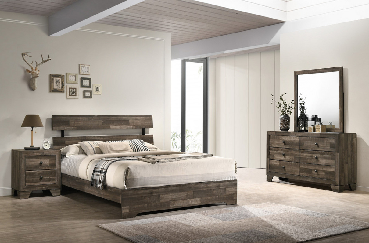 NEW 4PC Queen King Full Twin Modern Rustic Bedroom Set Walnut Brown Bed/D/M/N gallery