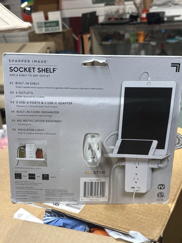 Sharper Image Socket Shelf Cordless Wall 6 Outlet Extender White W/USB C Adapter gallery