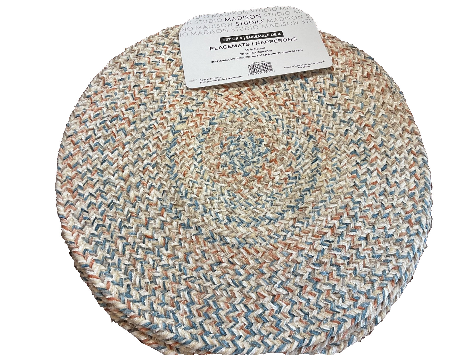 MADISON STUDIO PLACEMATS (4) ROUND BLUE PEACH 15 IN POLYESTER COTTON JUTE NIP gallery