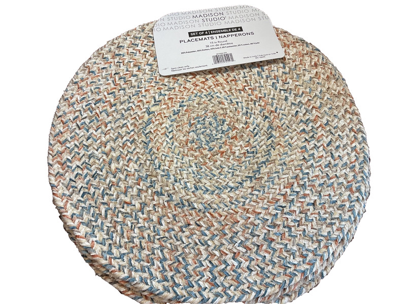 MADISON STUDIO PLACEMATS (4) ROUND BLUE PEACH 15 IN POLYESTER COTTON JUTE NIP gallery