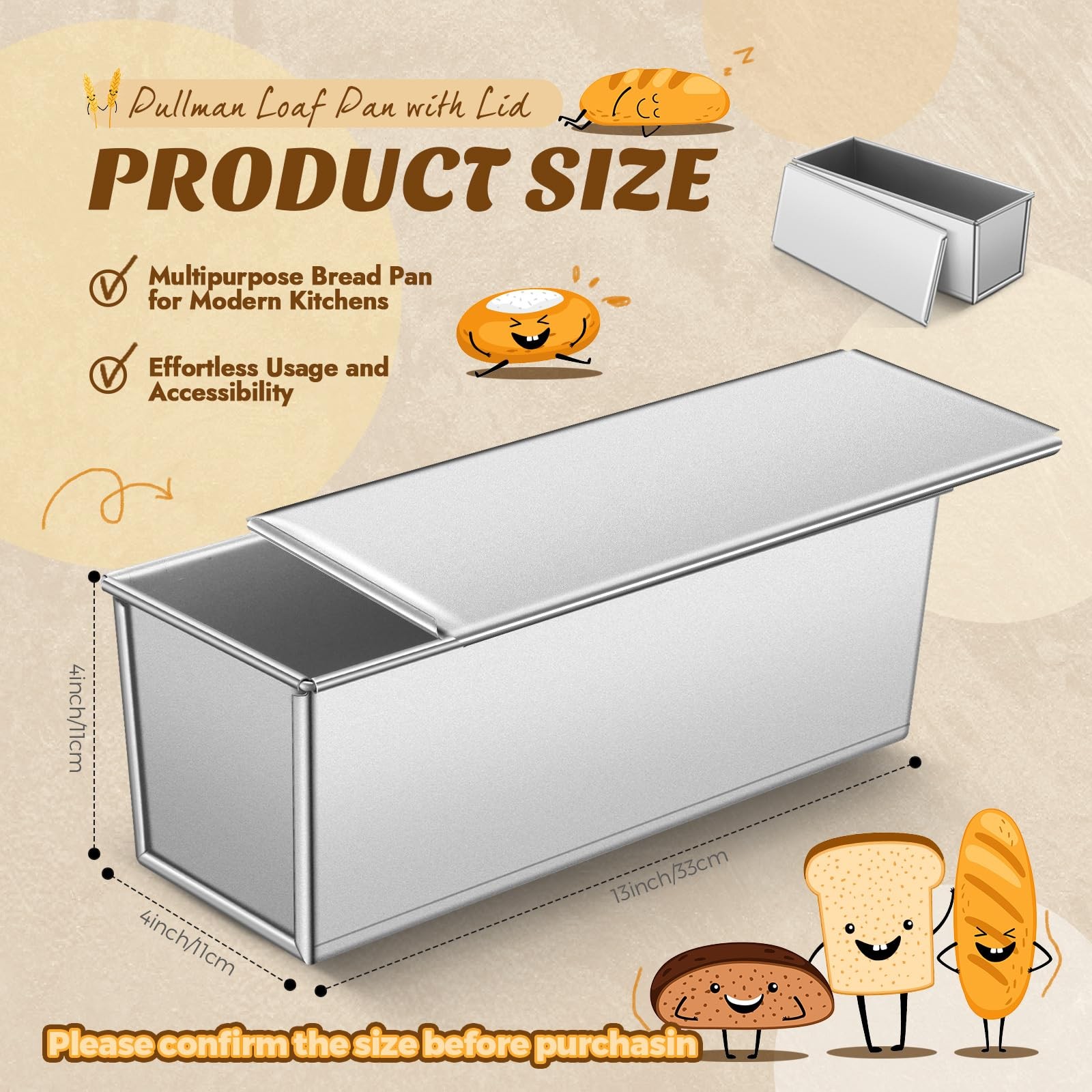 2 Pack 2 lb 13 x 4 Inch Pullman Loaf Pan with Lid Dough Capacity Bread Loaf P... gallery