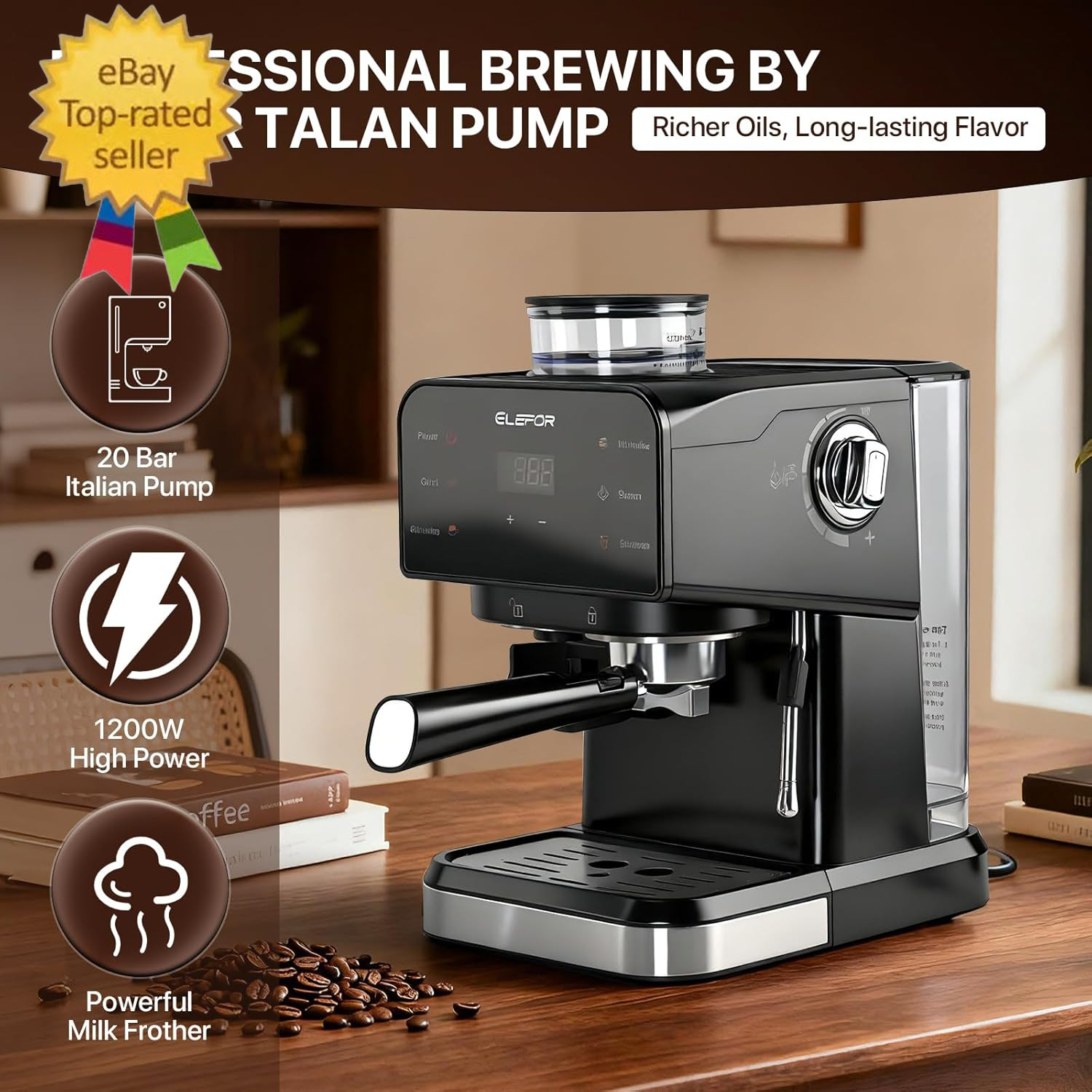 Espresso Machine 20 Bar, Coffee Maker with Grinder Black gallery