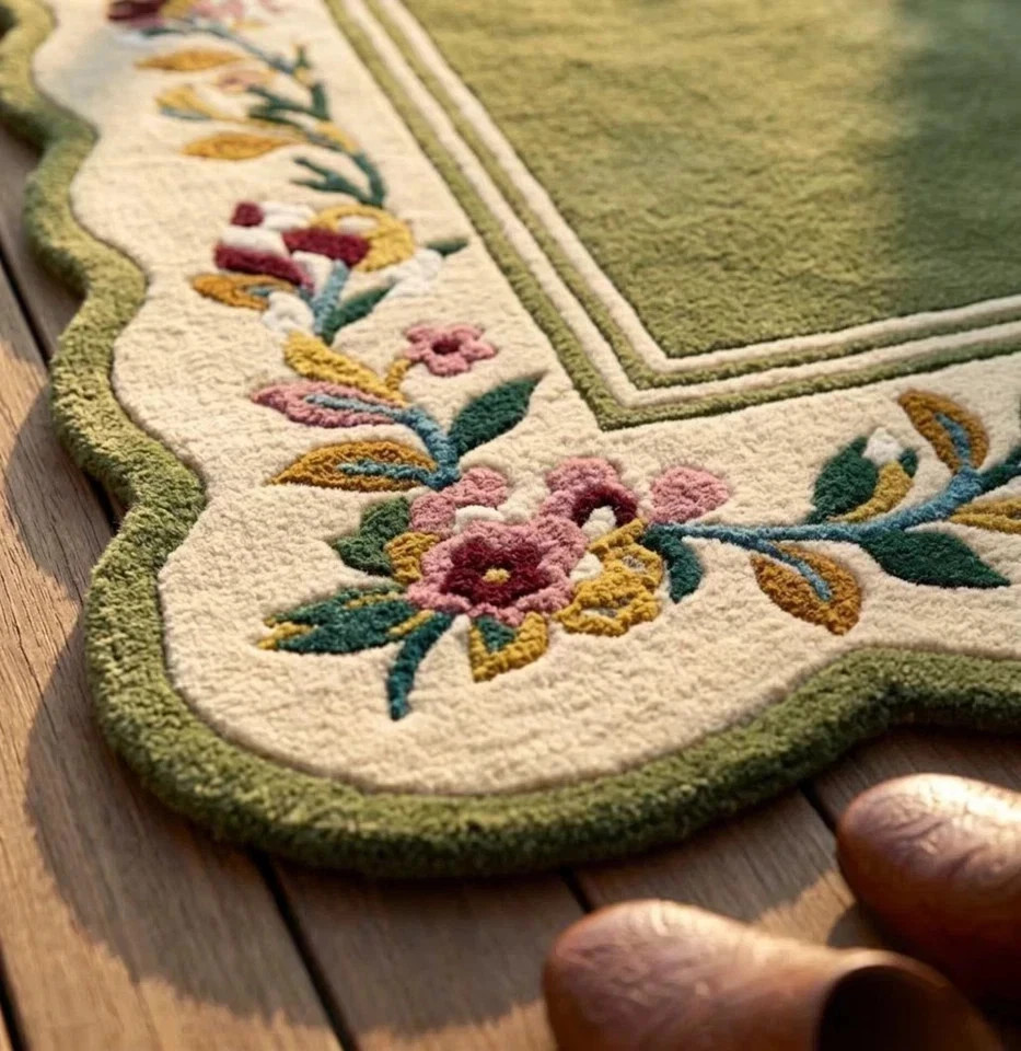 Luxury Hand Tufted Green Floral Border Area Rug – Premium Wool Carpet for Living gallery