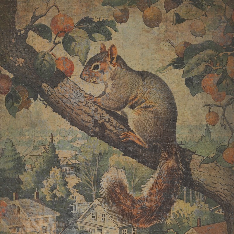 Retro SQUIRREL Fruit Tree Wall Art Poster, Woodland Squirrel Feeder Nature Decor gallery