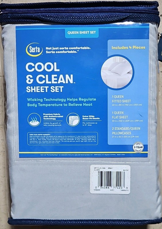 Serta Cool & Clean Queen Sheet Set Gray 4-Piece Cooling Antimicrobial Wicking gallery