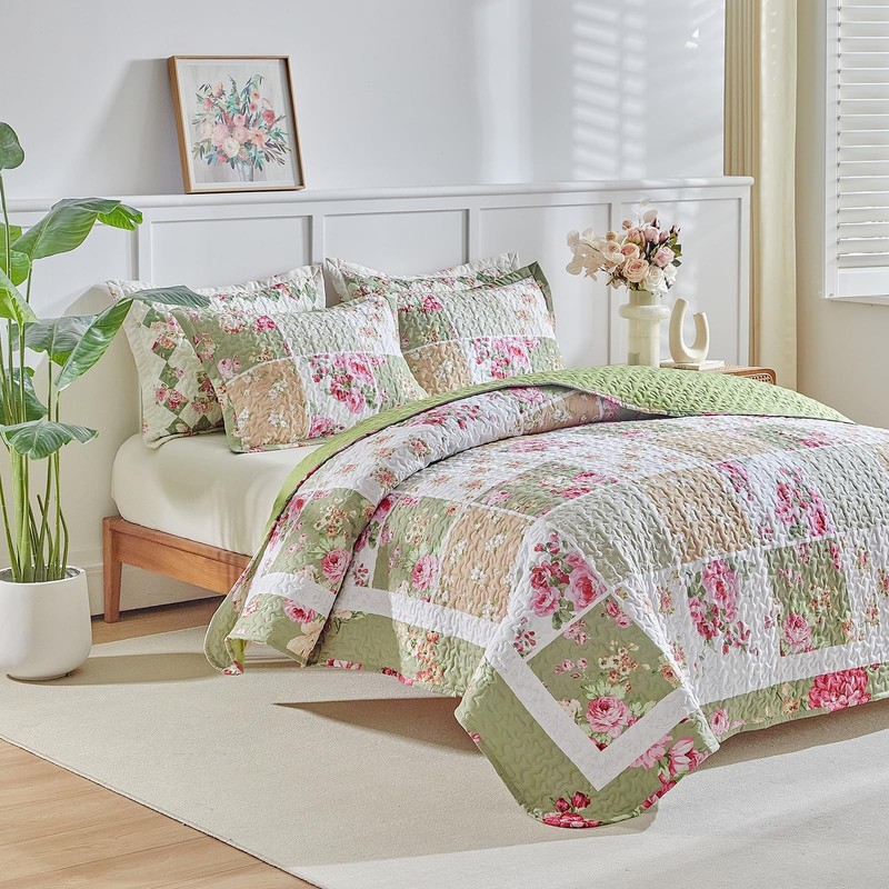 Patchwork Quilt Set King Size,3 Pieces Green White Pink Floral Plaid Reversib... gallery