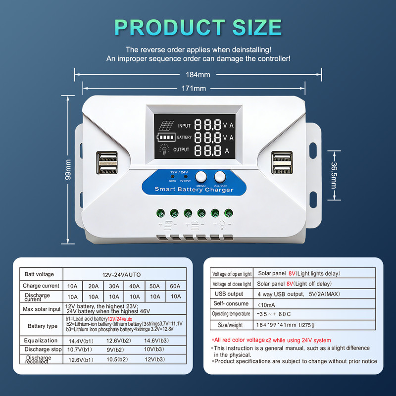 30A Solar Charge Controller 20A PWM Regulator for 12V 24V with 4 USB Ports gallery