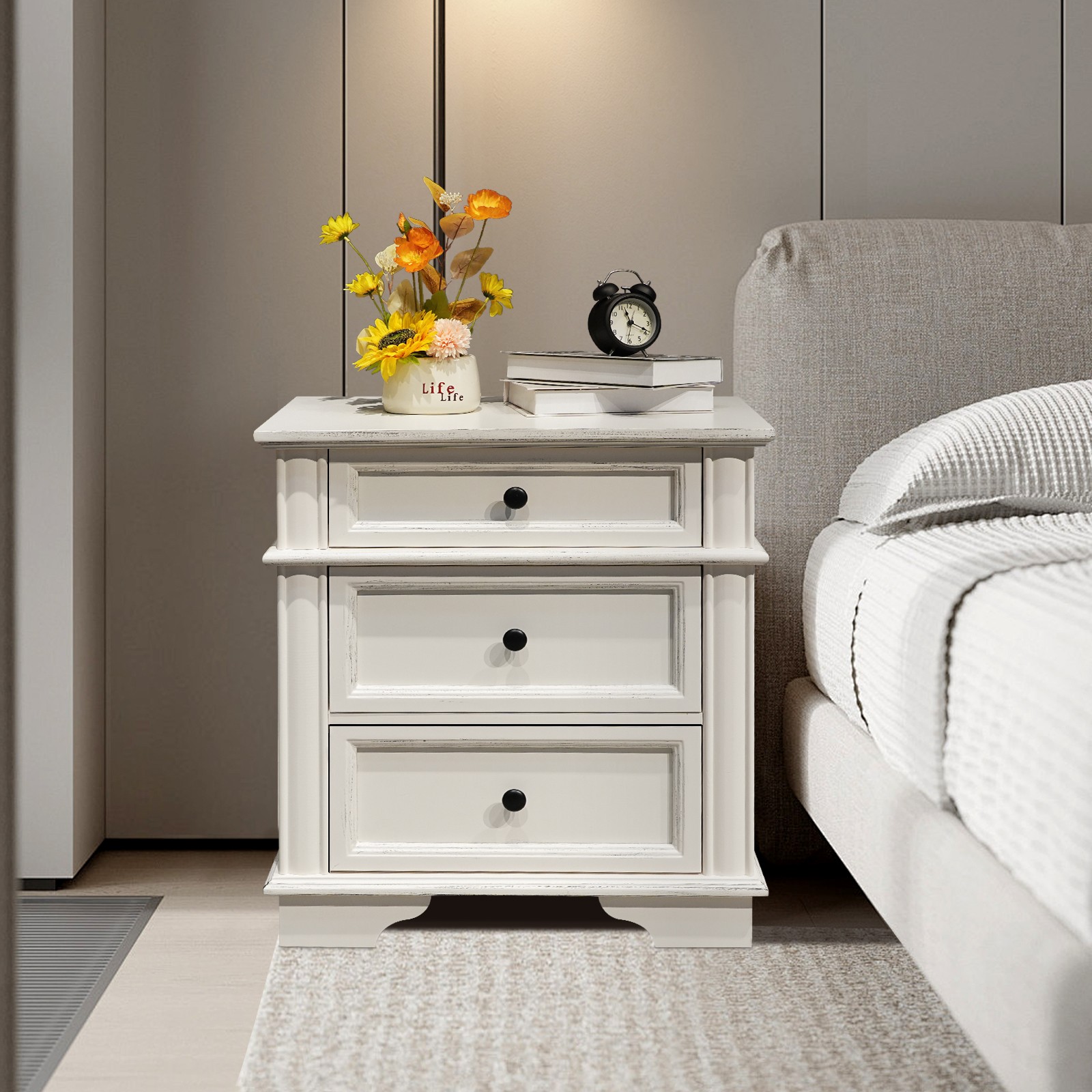 Farmhouse Nightstand Rustic Solid Wood End Side Table with 3 Drawer Storage gallery